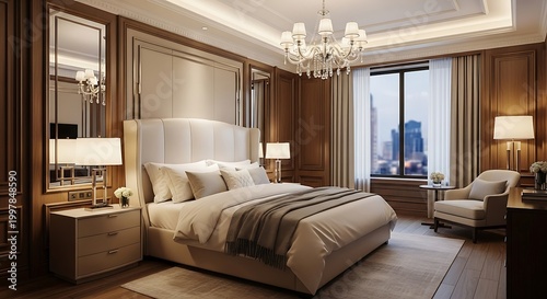 Luxurious hotel bedroom with a king-size bed, plush seating, and city views at night