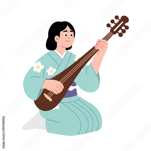 Woman in Kimono Playing Traditional Japanese String Instrument