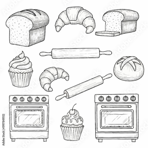 Hand Drawn Bakery Items and Kitchen Appliances Collection.