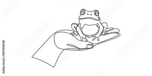 Continuous one line drawing of a small frog on human hand