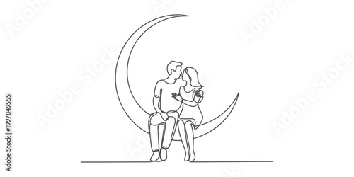 Couple sitting on the moon continuous line drawing
