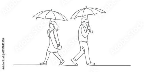 Man and woman walking together with umbrellas continuous line