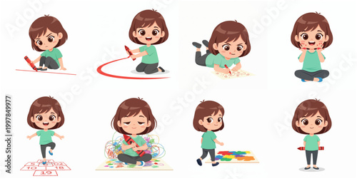 Set of cute little girl character drawing and playing with crayons in various poses and expressions