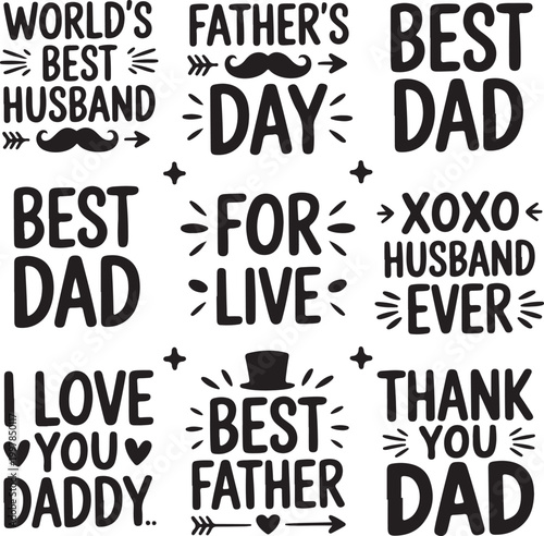 Set of father's day vector quotes, best dad and best husband typography collection, inspirational messages for celebration.