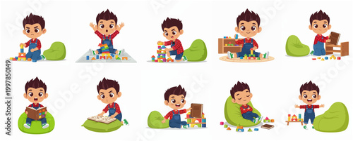 Set of Vector Illustrations of a Little Boy in Various Activities, Playing with Building Blocks, Reading Books, and Sleeping, Character Collection for Education and Parenting