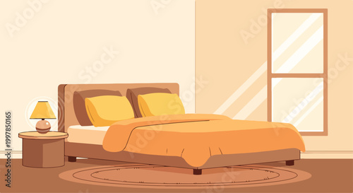 Schilderij op canvas A cozy bedroom with a bed, lamp, and window
