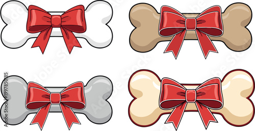 Dog bone icons set with red ribbon bows, cute pet treat symbols vector illustration collection for animal and holiday design