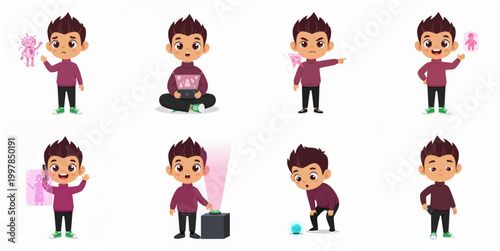 Cute Boy Character Set Interacting with Futuristic Technology, Holograms, and Robots in Various Poses and Expressions