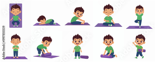 Vector Cartoon Illustration Set of a Cute Little Boy Practicing Yoga, Mindfulness, and Meditation Poses on a Purple Mat Isolated on White Background