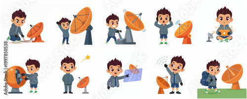 Set of Cute Boy Character Operating and Repairing Satellite Dish for Space Exploration and Communication Illustration
