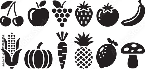 Collection of fresh fruits and vegetables vector icons. healthy food black silhouettes on transparent background.