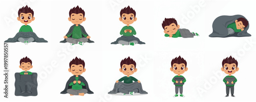 Set of cute cartoon boy character illustrations in different poses with a cozy grey blanket, sleeping, sitting and meditating.