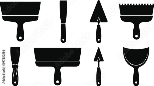 Fotografi Collection of various construction spatula and trowel silhouettes including putty knives and notched scrapers isolated on white background for masonry and renovation graphic designs