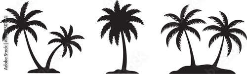 Group of black silhouette palm trees with coconuts on a transparent background, representing tropical nature.