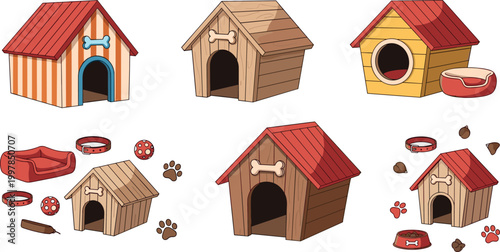 Dog house collection set with pet accessories, wooden kennel buildings and bowls vector illustration for animal care design