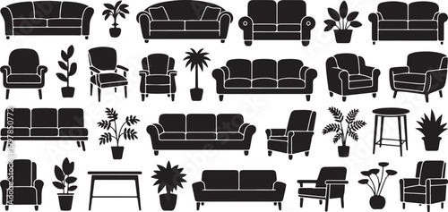 Furniture icons set collection featuring sofas chairs potted plants and tables for interior layout and home decor planning needs.