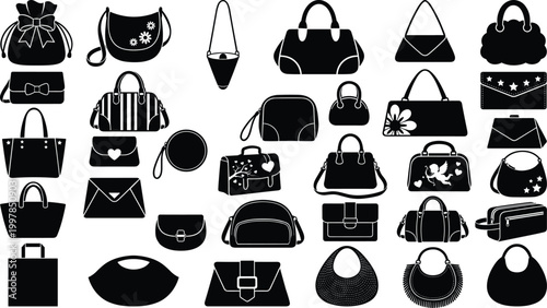Large collection of black silhouette vector icons featuring various women's handbag styles including totes, clutches, satchels, shoulder bags, crossbody bags, and fashion purses on white.