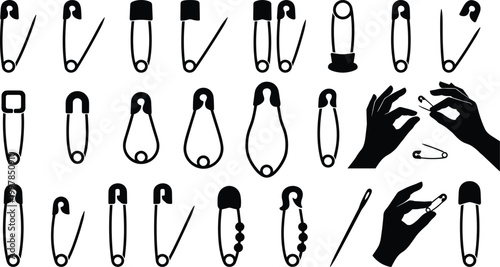 Large collection of black safety pin silhouette vector icons featuring various open and closed styles, sewing needles, and human hands holding pins on white background.