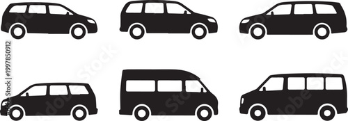 Van car collection showing various transport vehicle silhouettes including passenger minivans and commercial delivery shuttle buses.