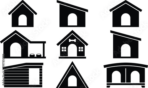Large collection of black dog house silhouette vector icons featuring various architectural kennel styles including traditional gabled roofs, modern sheds, and double dog houses.