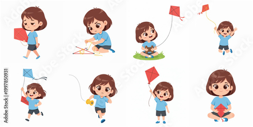 Vector set of a cute little girl character in various poses and emotions playing with a kite, from flying and running to fixing and feeling sad, isolated on white background