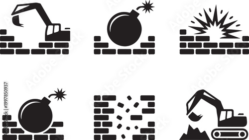 Demolition and construction icons set featuring excavator machines and bomb explosions breaking brick walls for building renovation.