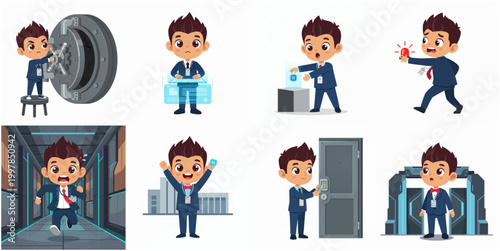 Canvas Print Set of Cute Boy Character Illustrations in Suit for Cybersecurity Technology and