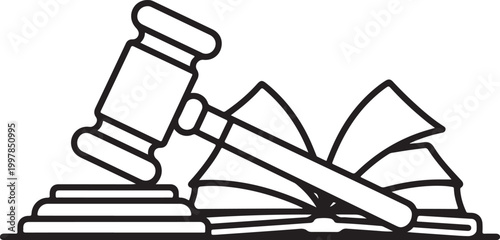 Law concept vector illustration with gavel and books line art on transparent background legal justice court.