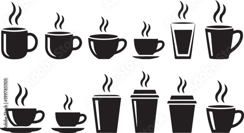 Hot coffee and tea cups collection silhouette vector set different mugs and glasses steaming drinks.