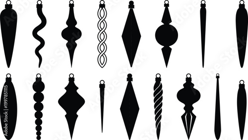 Large collection of black silhouette vector icons featuring various Christmas ornament finials including icicles, drop baubles, and elegant holiday tree decorations isolated on white.
