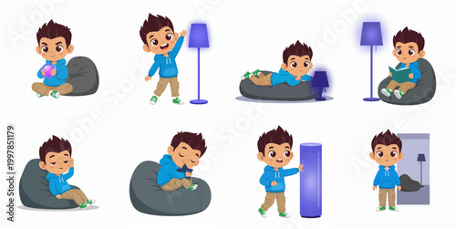 Cute little boy character set with different poses and activities, child reading book, sitting on bean bag, and playing with lights illustration.