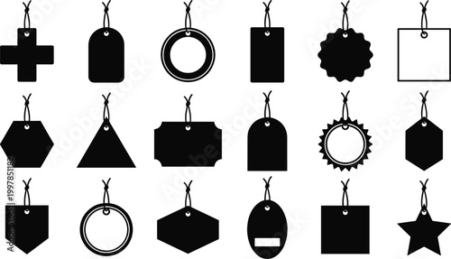 Black price tag silhouette vector collection featuring various hanging label shapes and gift ticket styles for retail sales commerce marketing and shop branding.