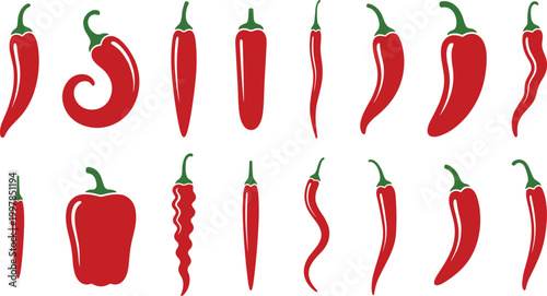 Red chili pepper vector collection featuring various hot spicy bell and jalapeño shapes for mexican food restaurant menu design and kitchen culinary icons.