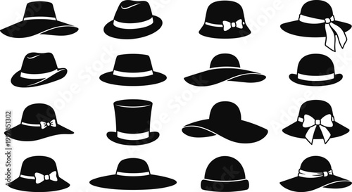 Black hat silhouette vector collection featuring various headwear styles including fedora top hat sun hat cloche and beach hats for fashion design icons.