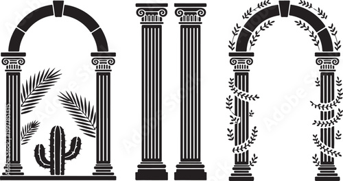 Roman architectural arches and stone columns set including decorative garden archways with desert cactus and climbing vine plants.