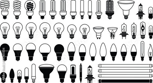 Black light bulb silhouette vector collection featuring various lamp shapes including led cfl halogen and fluorescent tubes for interior lighting and electrical design.