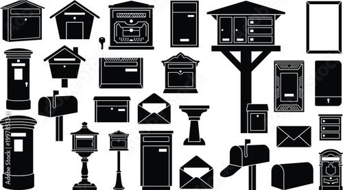 Black mailbox silhouette vector collection featuring various post box shapes and letter mail delivery icons for postal service communication and map location markers.