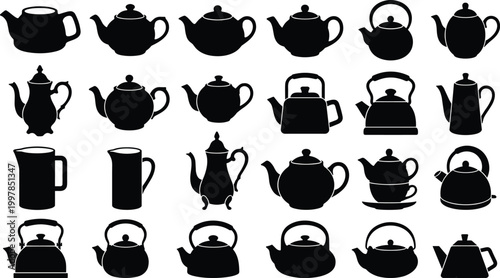 Black teapot silhouette vector collection featuring various kettle shapes and tea pot styles for kitchen decor restaurant menu design and tea time icons.