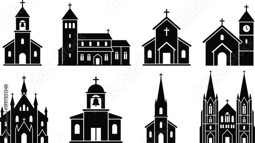 Black church silhouette vector collection featuring various cathedral chapel and basilica architectural shapes for religious holidays wedding invitations and map location markers.