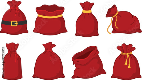 Christmas Santa Claus red sack vector collection featuring various bag shapes with gold ribbons and belts for holiday gift delivery and winter celebrations.