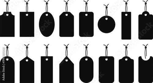 Black price tag silhouette vector collection featuring various hanging label shapes and gift ticket styles for retail sales commerce marketing and shop branding.