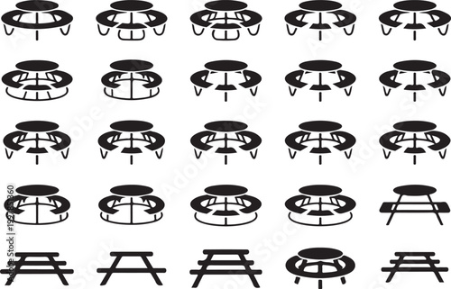 Outdoor picnic table silhouette collection showing round and rectangular furniture styles for public parks and recreational areas.