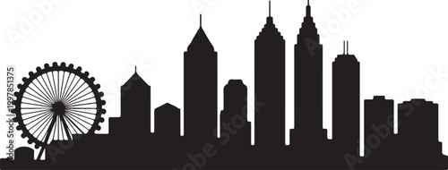 Black silhouette of the atlanta georgia skyline with prominent skyscrapers and a large ferris wheel on checkered background.