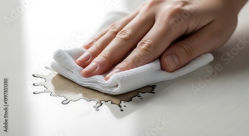 Person wiping a brown liquid spill with a white cloth