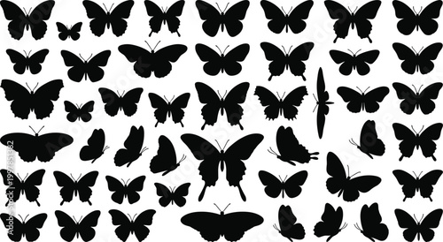 Black butterfly silhouette vector collection featuring various species wing shapes and positions for nature design spring decoration wall art and creative graphic projects.