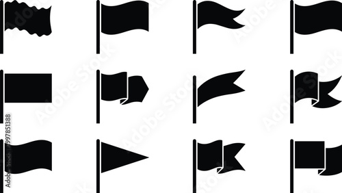 Black flag silhouette vector collection featuring various waving banner shapes and pennant styles for sports events achievement markers location pins and map symbols.