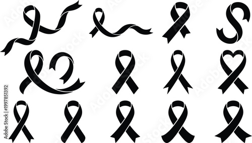 Schilderij op canvas Black Awareness Ribbon Vector Icons Set for Cancer Support Mourning Remembrance Charity Campaigns Grief Symbols and Healthcare Medical Solidarity Isolated on White Background