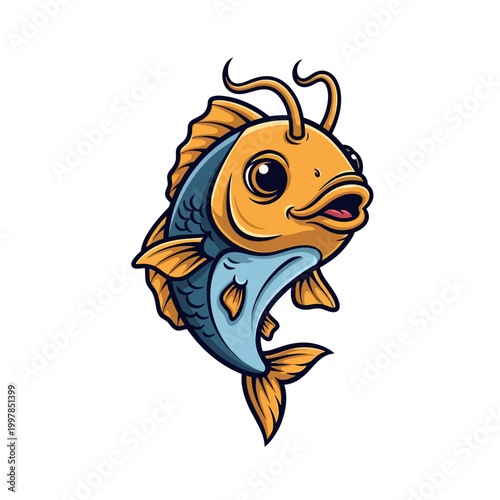 Cute chibi carp fish mascot illustration with orange head, blue body, and large expressive eyes. Isolated vector mascot character jumping on a white background for logos and stickers.