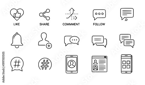 Social media icons set like share comment notification line vector UI collection
