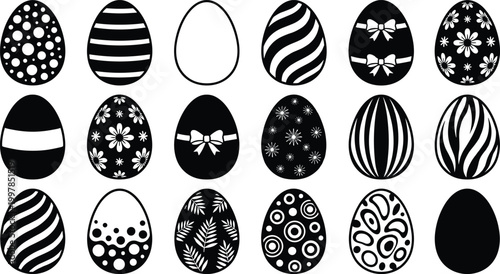 Large collection of black Easter egg silhouettes and decorated egg icons isolated on white background, various festive spring holiday symbols for seasonal design.